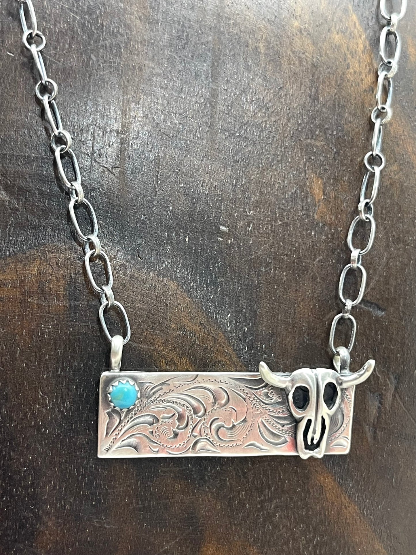 18" Engraved Turquoise Skull Bar Necklace by Annette Martinez, Navajo