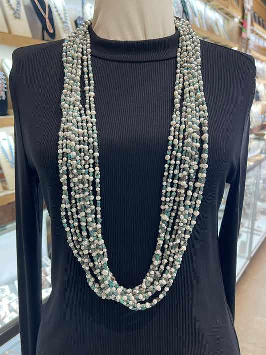 32" 10-strand Freshwater Pearl Necklace & Turquoise Necklace by Jolene Bird, Santo Domingo
