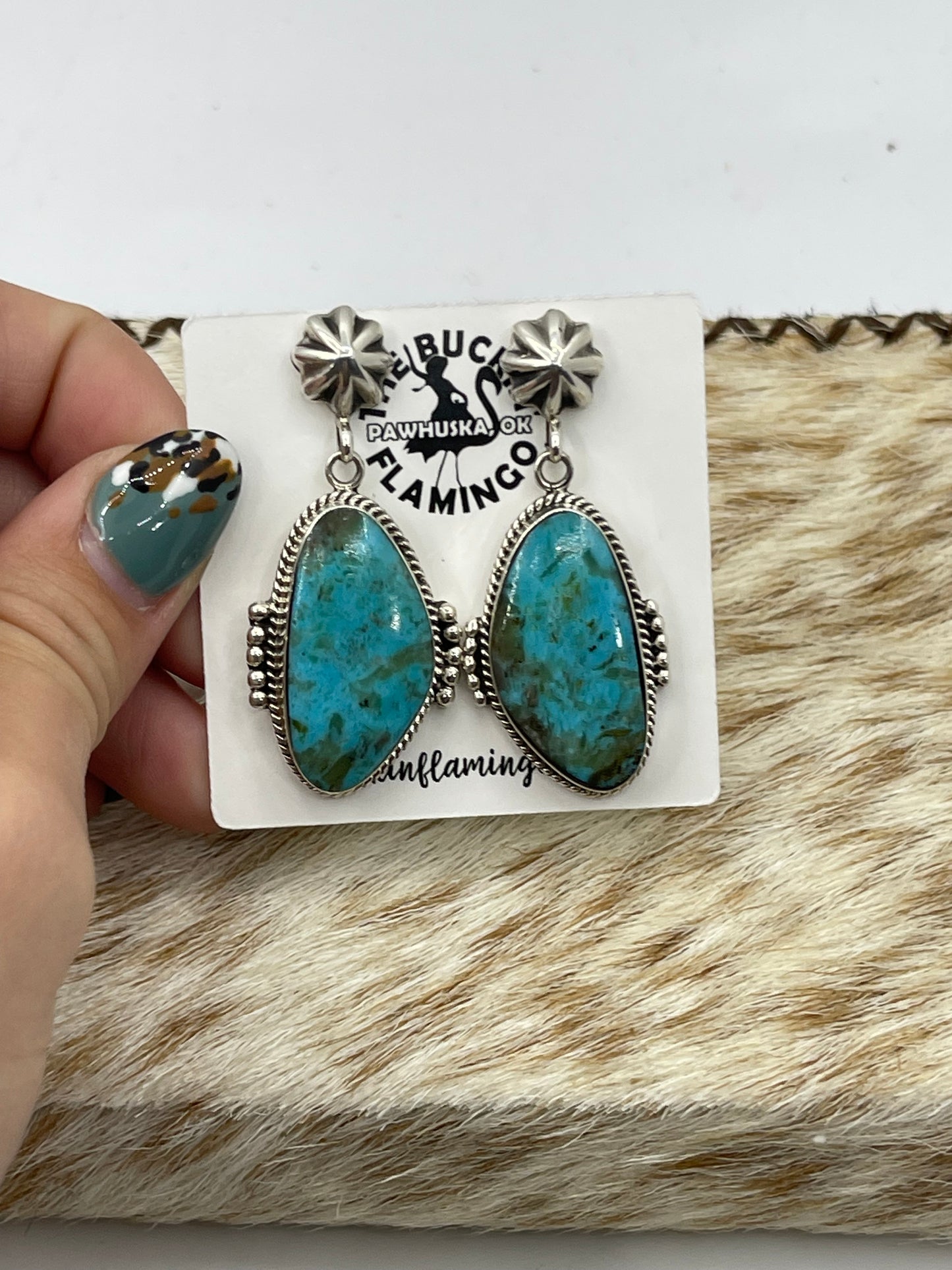 Kingman Turquoise Star Post Dangle Earrings by Raymond Yazzie, Navajo