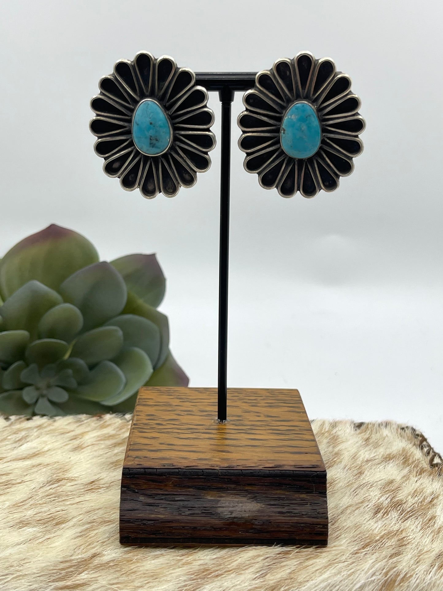 Turquoise Fan Flower Blossom Earrings by Geraldine James, Navajo