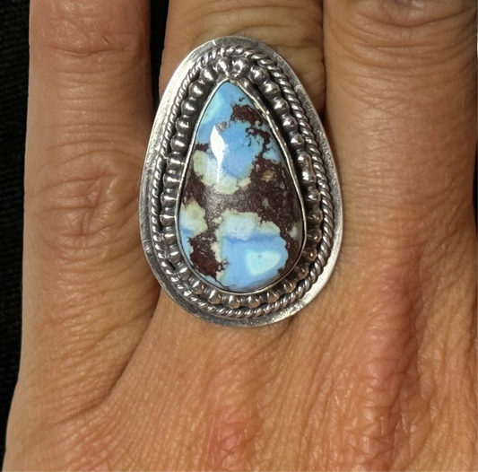 6.5 Golden Hills Turquoise Teardrop Ring by J. Piaso Jr., Navajo