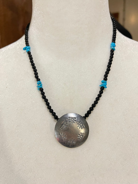 16" Black Onyx and Turquoise Beaded Necklace with a Stamped Pillow Bead by Maryetta Kellywood, Navajo