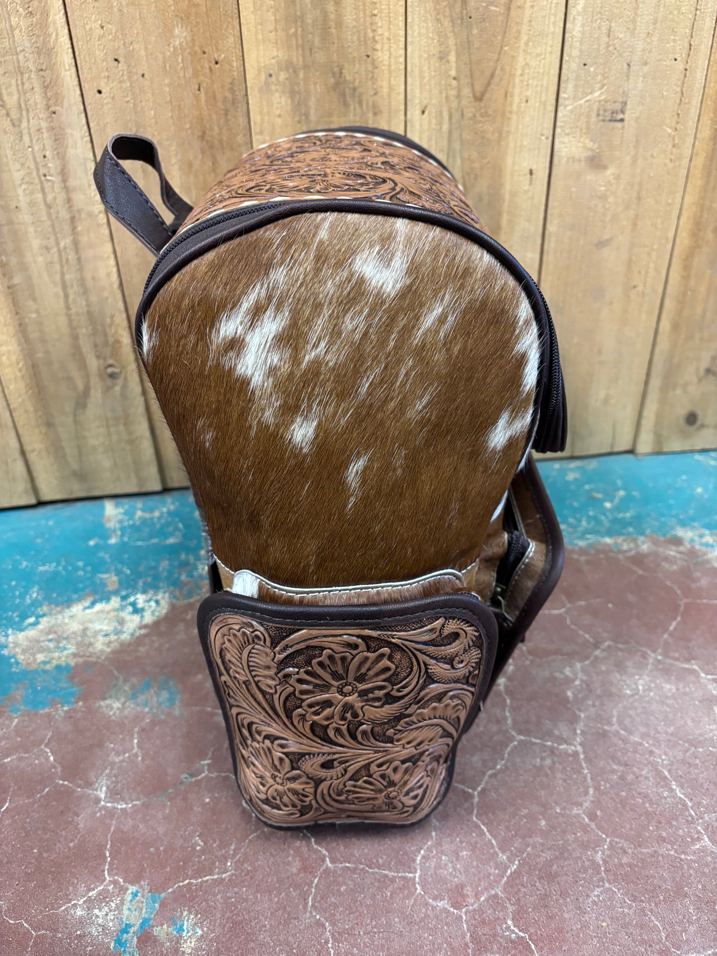 Version 1 Brown and White Cowhide Flower Tooled Leather Backpack