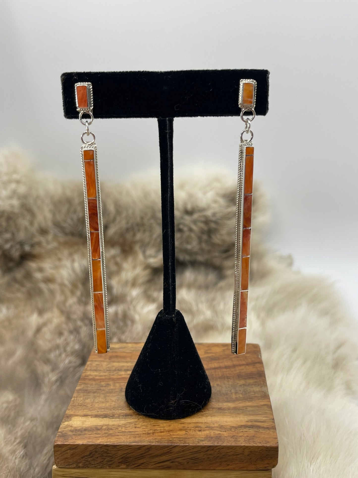 Orange Spiny Oyster Long Inlay Dangle Earrings by Kayla Concho, Zuni