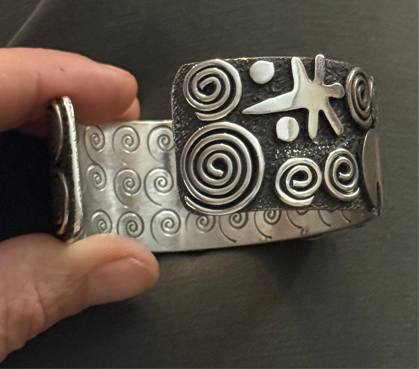Petroglyph Cuff with High Grade Kingman Turquoise by Alex Sanchez, Navajo (medium width)