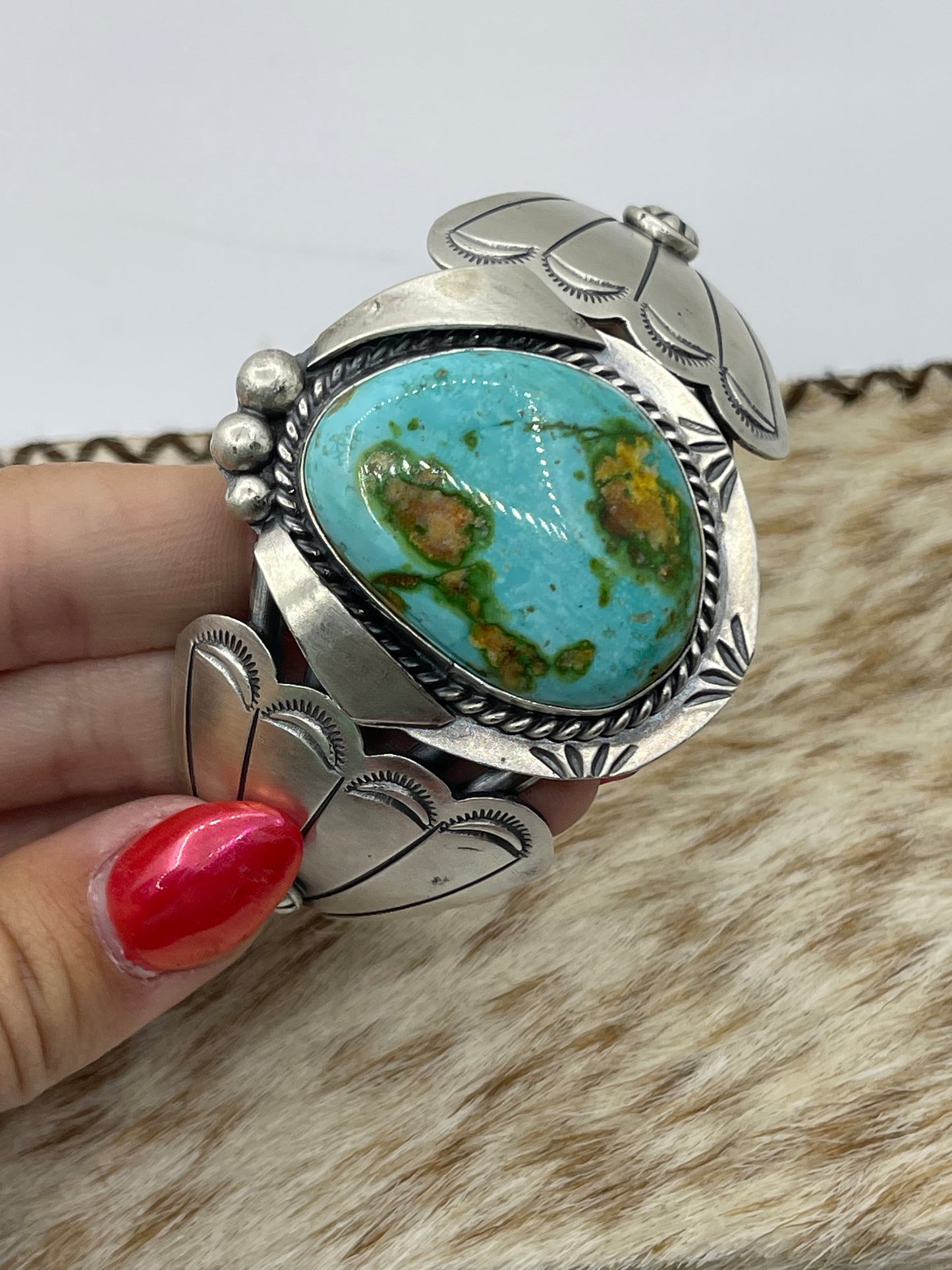 5 3/4"-7" Sonoran Gold Turquoise and Silver Cuff by Delbert Secatero, Navajo