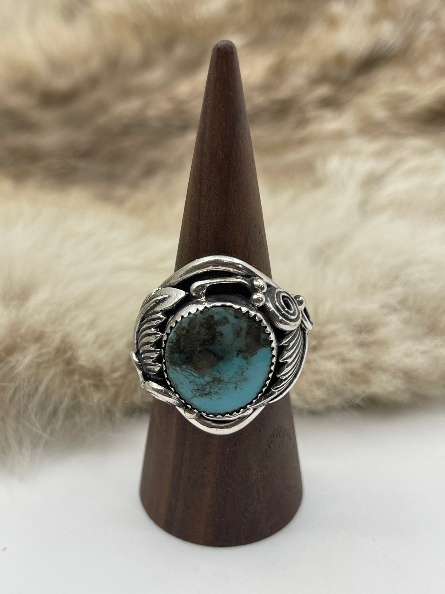 10.0 Turquoise Ring with Feather by Darrell Morgan, Navajo