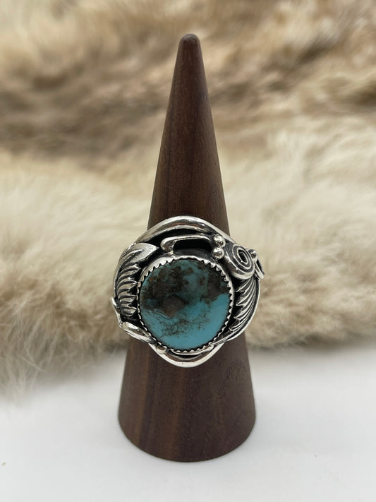 10.0 Turquoise Ring with Feather by Darrell Morgan, Navajo