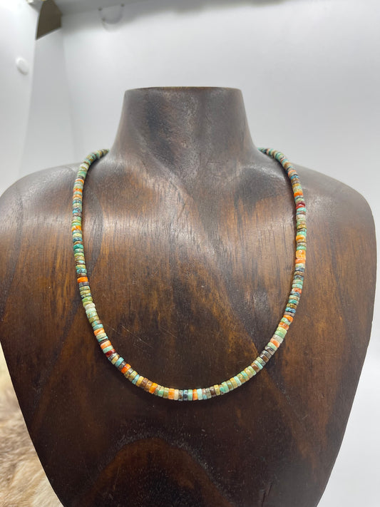 17" Turquoise & Spiny Oyster Heishi Bead Necklace by Tammy Nolcott, Navajo