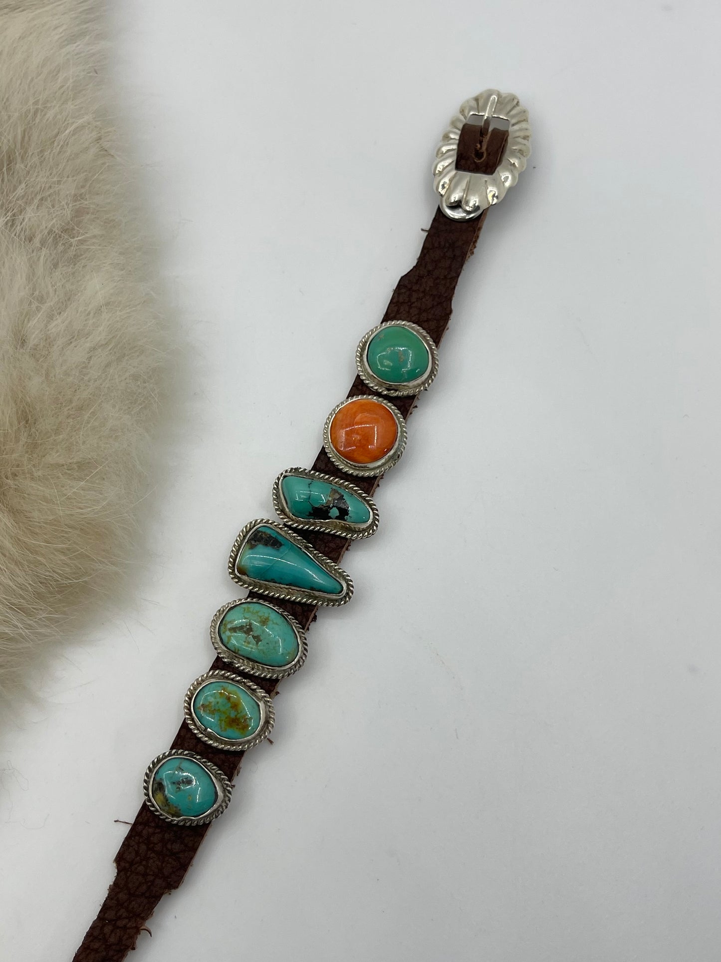 6.25”-9” 7 Stone Turquoise & Spin Oyster Bracelet on Leather by “BW”, Navajo