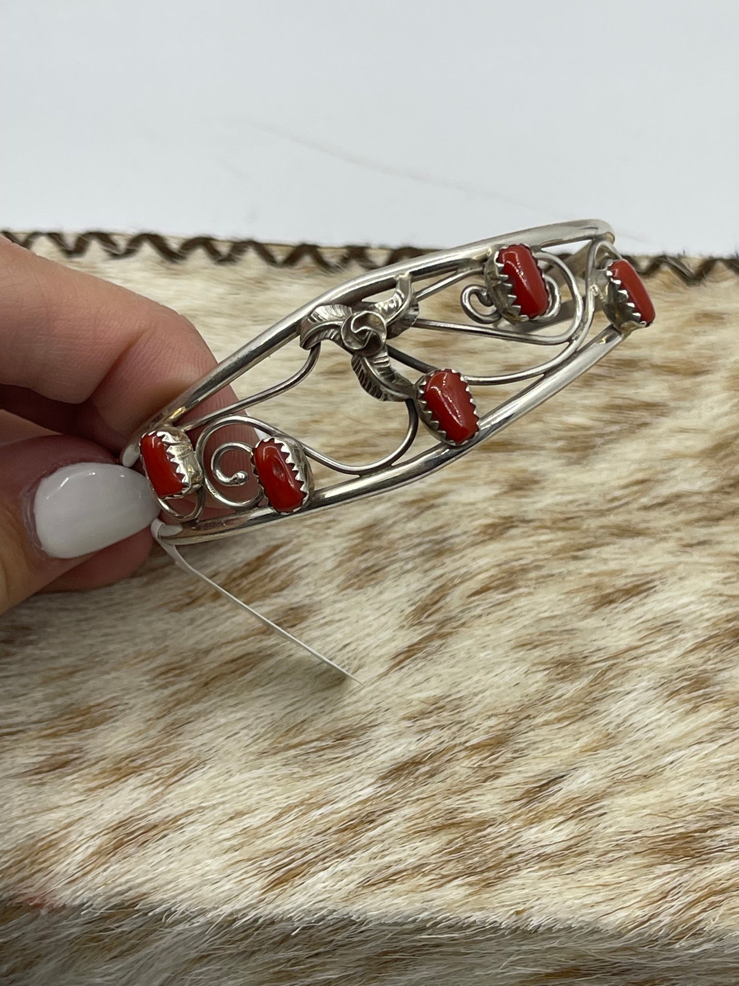 5 1/4" Red Coral 5 Stone Cuff by Carolynn Nez, Navajo