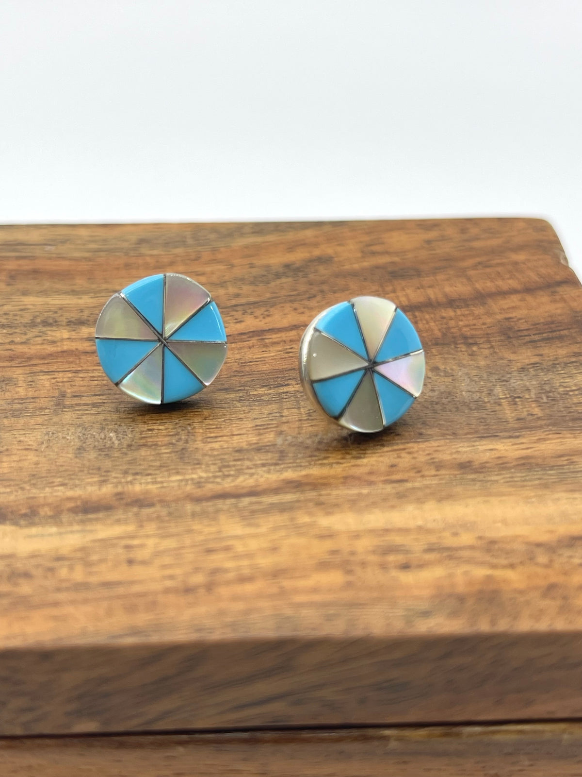 LOT 66 A 9/6 Mother of Pearl and Turquoise Inlay Circle Earrings by Johnson Laweka, Zuni