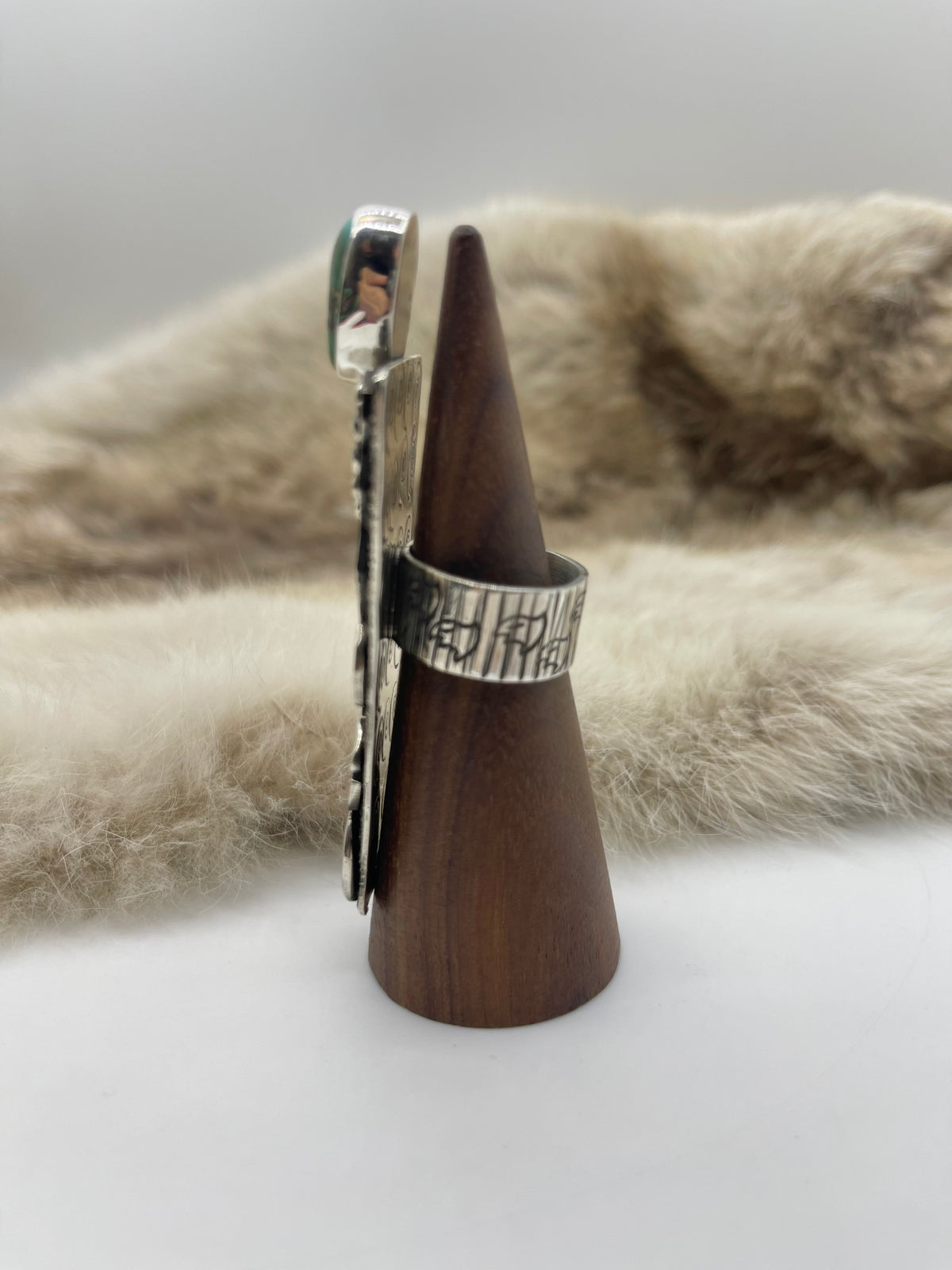 8.0 Royston Turquoise “Grandmother” Petroglyph Ring by Alex Sanchez, Navajo