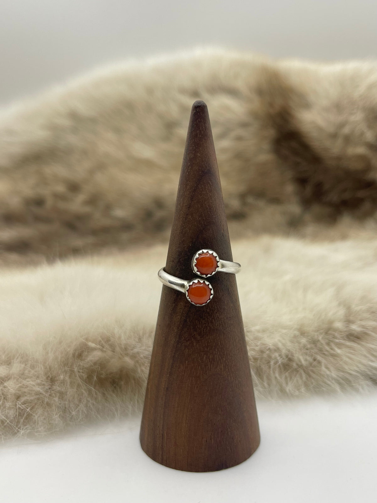 8.0 2 Stone Red Coral Semi-Adjustable Ring, Navajo