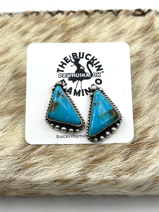 Kingman Turquoise Triangle Shaped Earrings by Elouise Kee, Navajo
