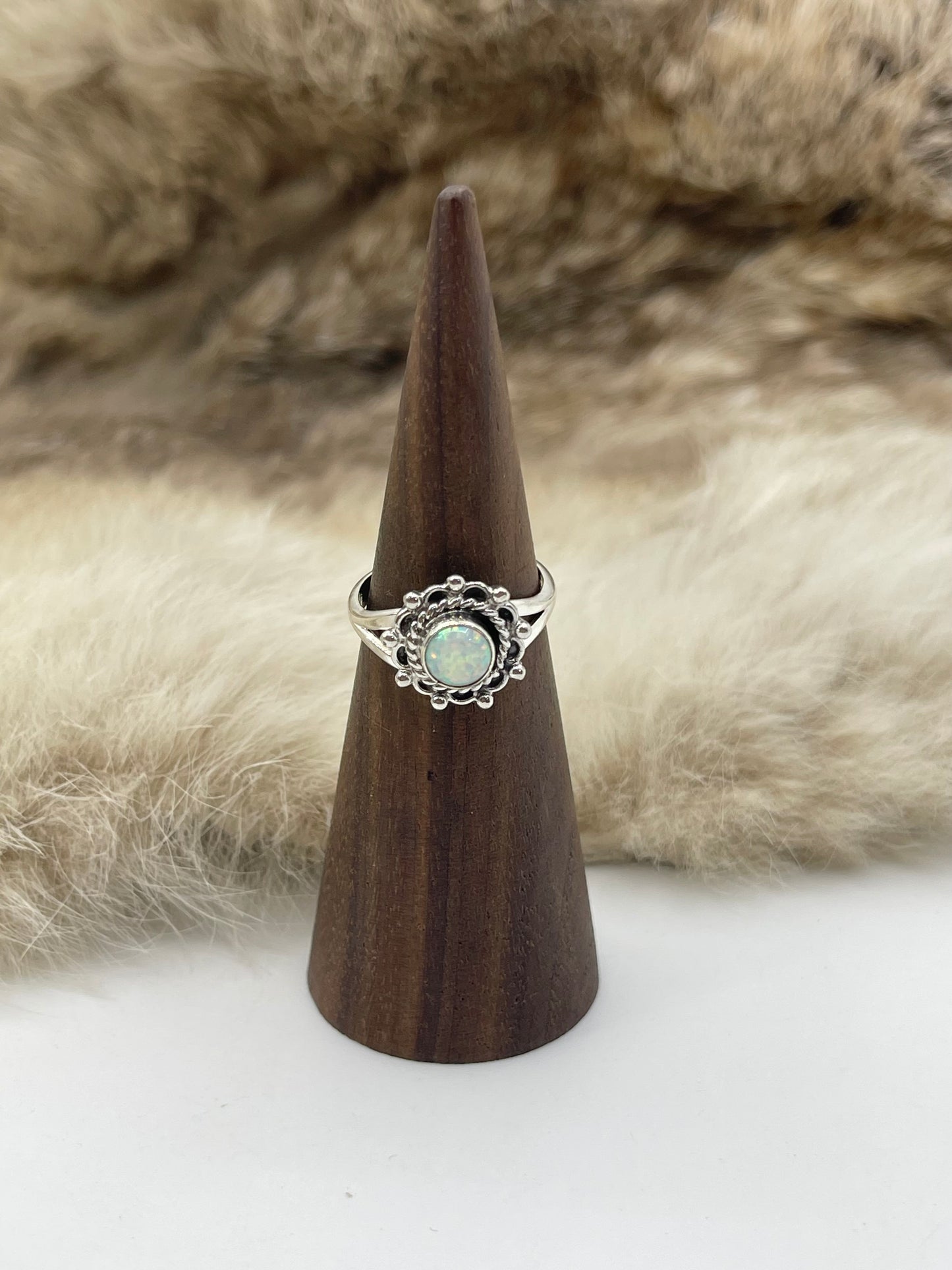 9.0 Single Stone White Opal Ring by Theresa Smith, Navajo