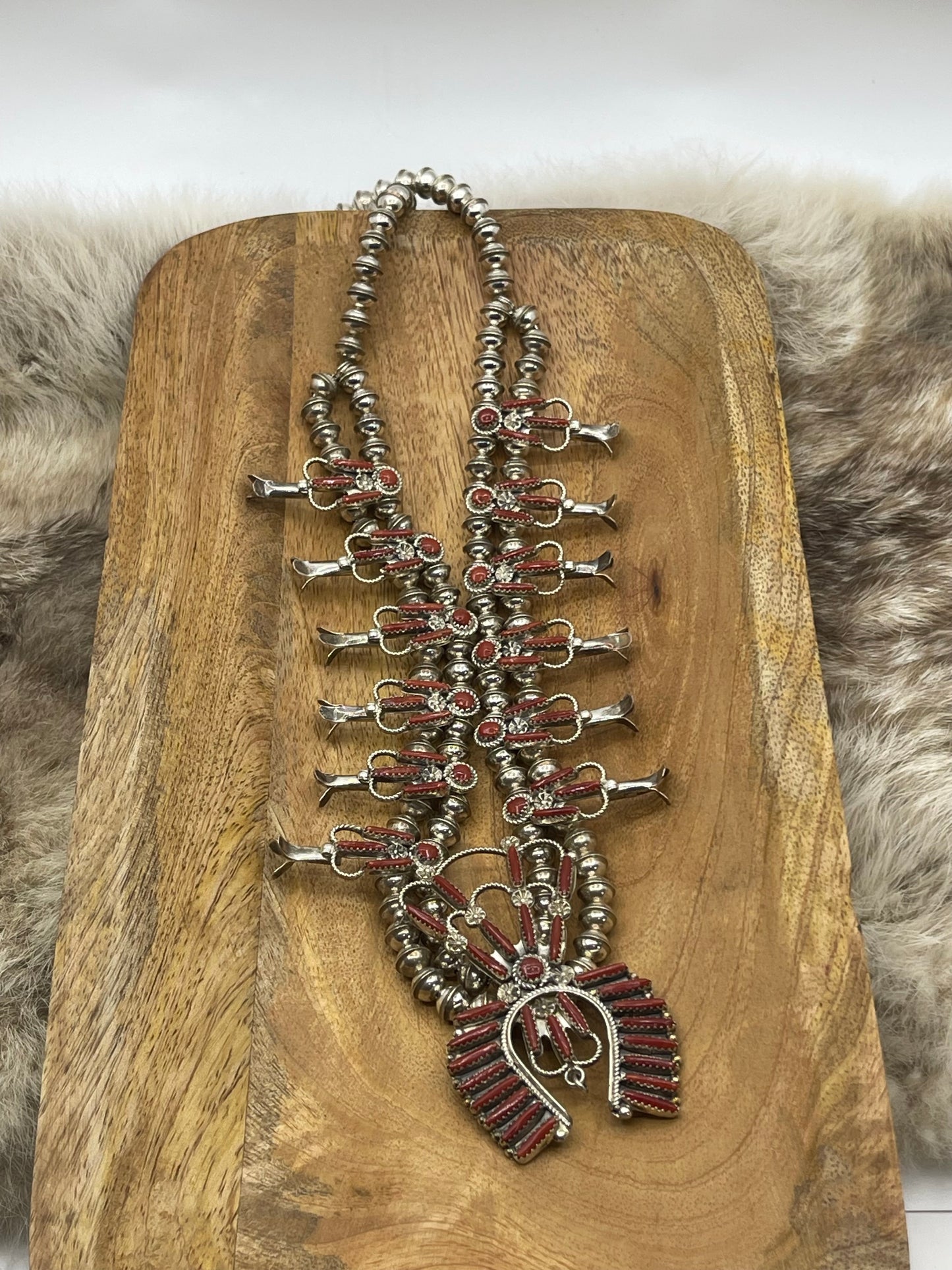 24" Red Coral Squash Blossom & Earring Set by Claudine Penketewa, Zuni