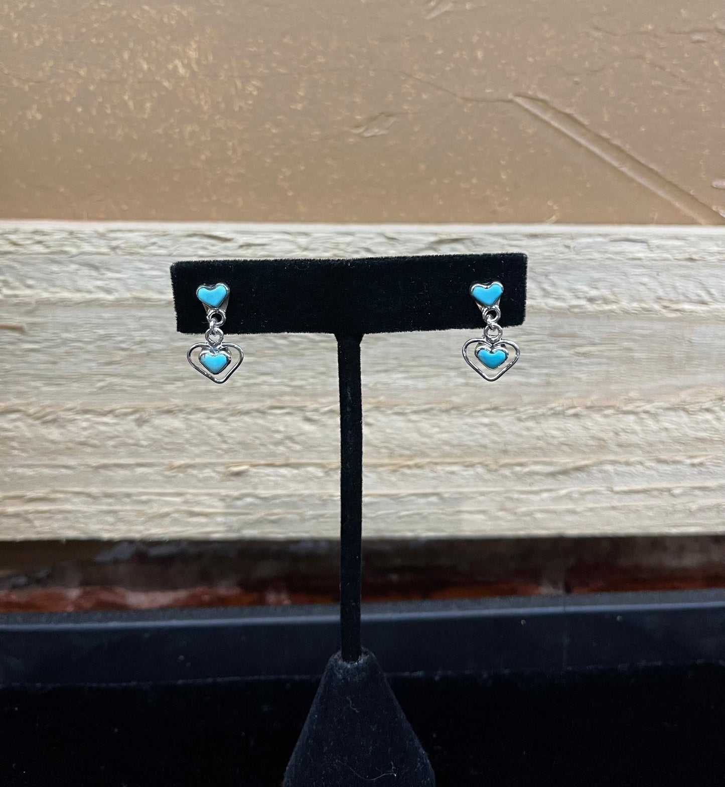 Dainty Double Turquoise Heart Post Dangles by Kallen Kallestewa, Zuni