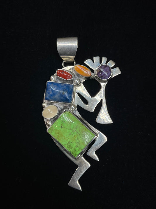 9.5mm Bale Vintage Kokopelli Pendant with Multiple Stones by Robert Kelly