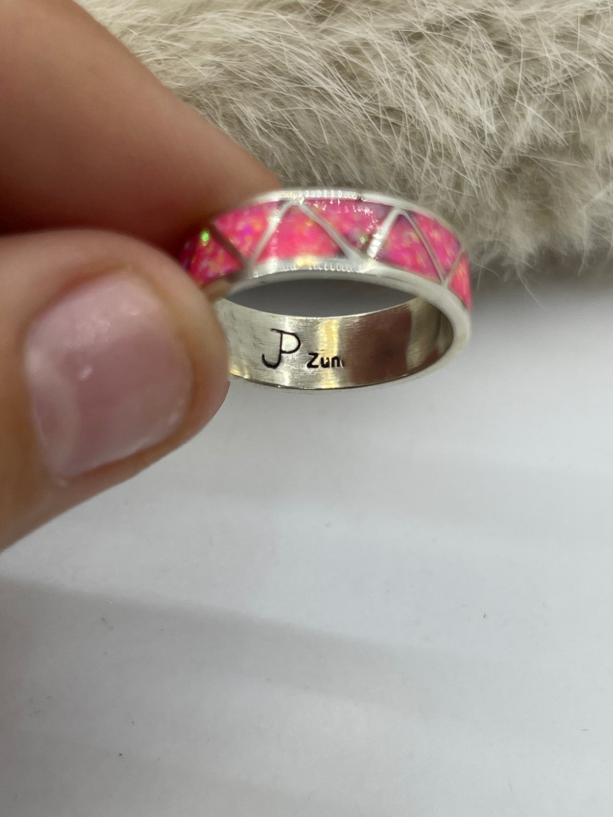 6.0 Hot Pink Opal Zig Zag Inlay Ring by Joann Peina, Zuni