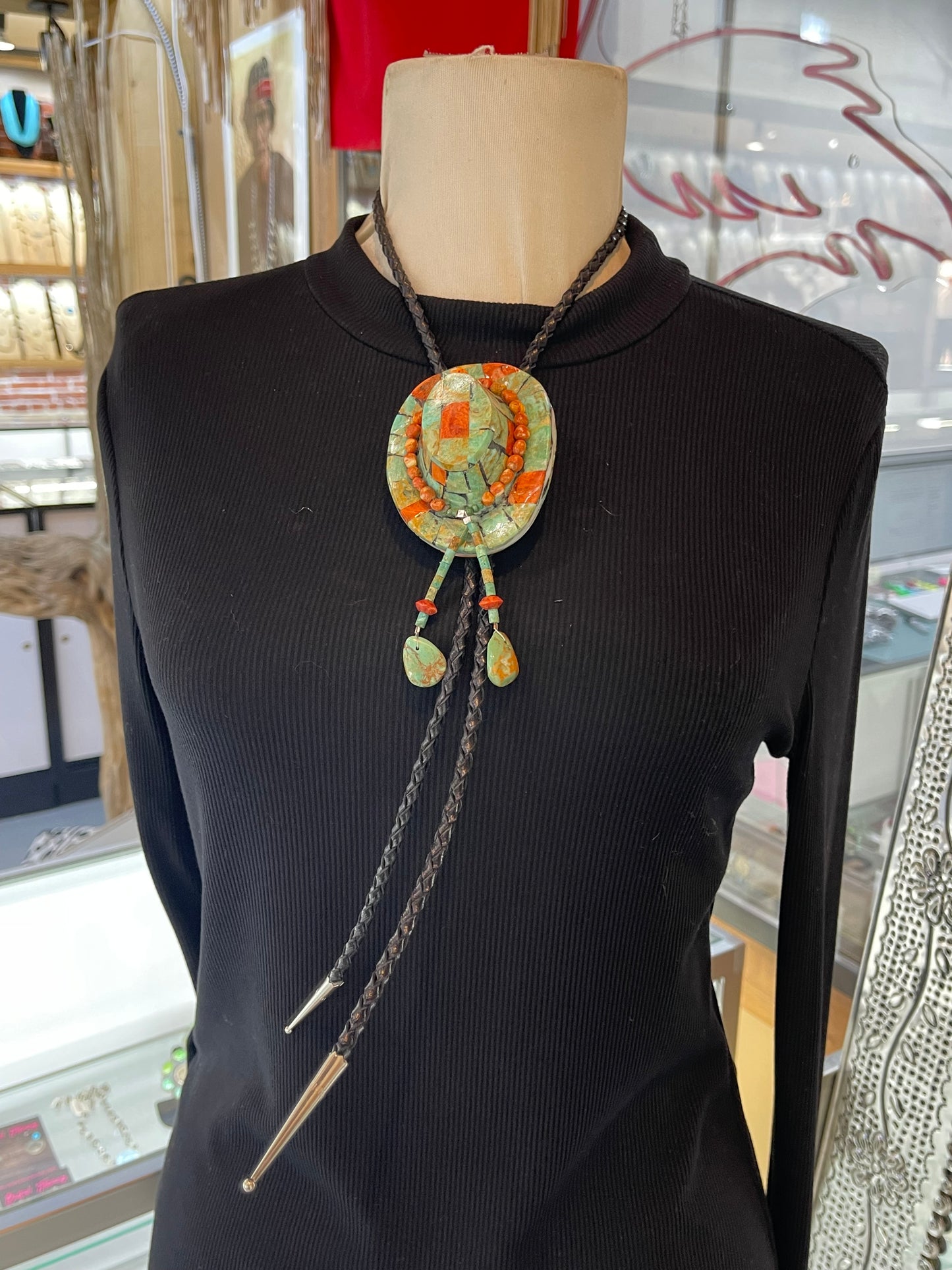 Turquoise with Orange Coral Cowboy Hat Bolo Tie by Jolene Bird, Santo Domingo