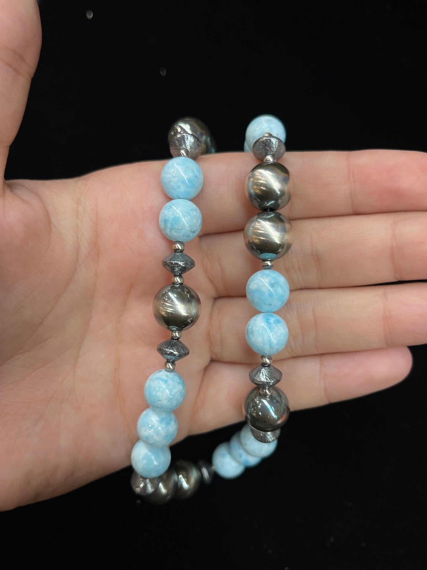 22" Necklace with 12mm Larimar and Navajo Style Pearls