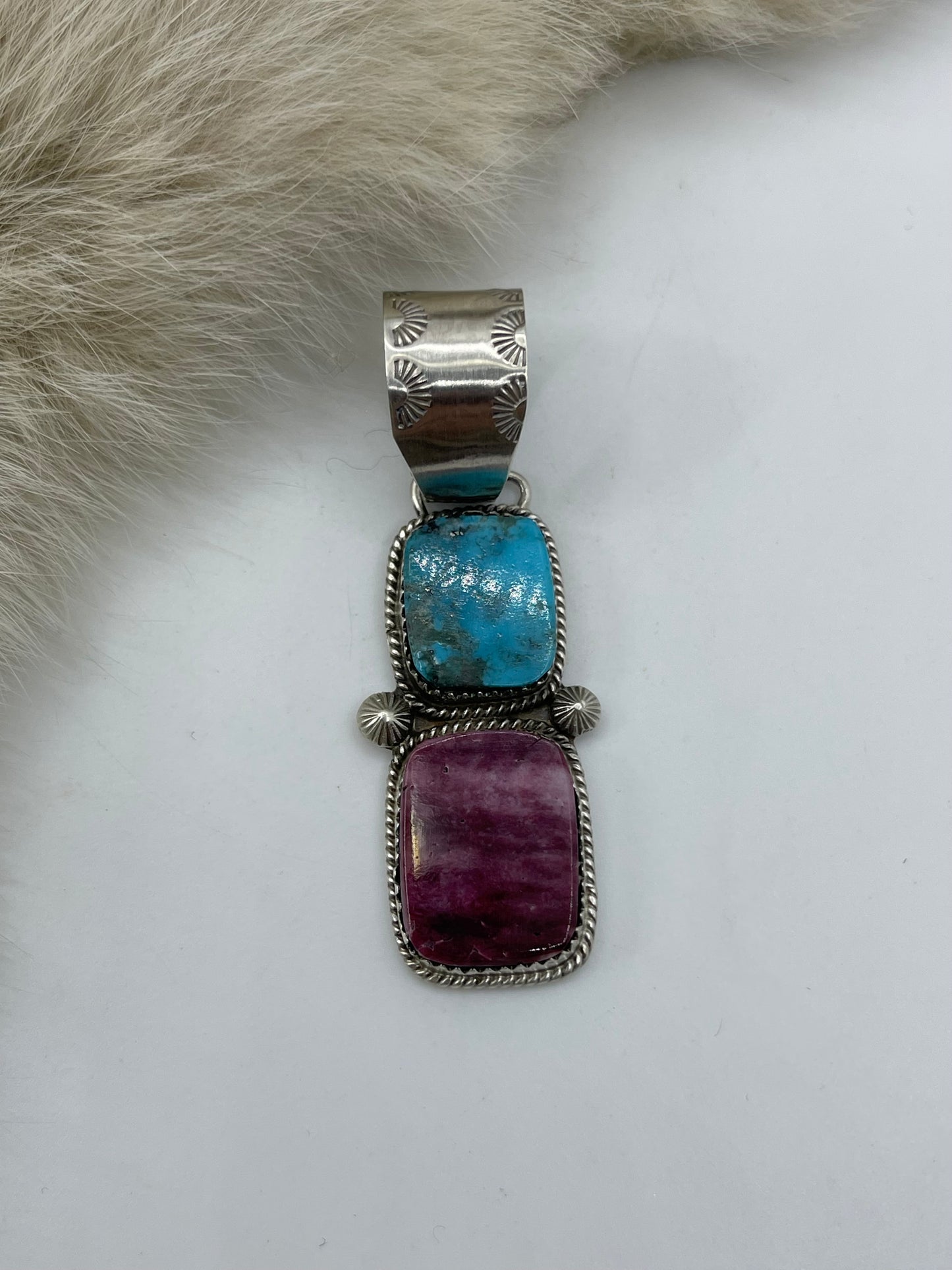 12 MM BAIL 2 STONE TURQOUISE & PURPLE SPINY PENDANT BY SELINA WARNER, NAVAJO