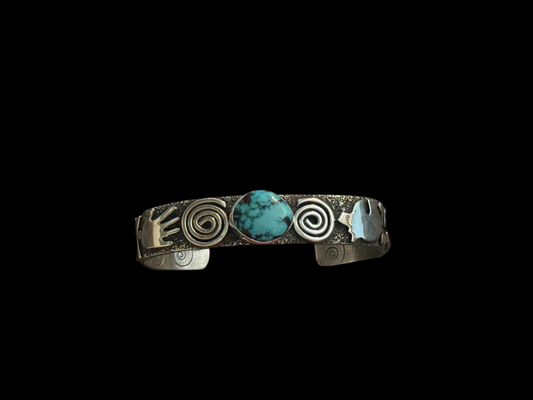 Petroglyph Cuff with Kingman Web Turquoise by Alex Sanchez, Navajo (narrow)