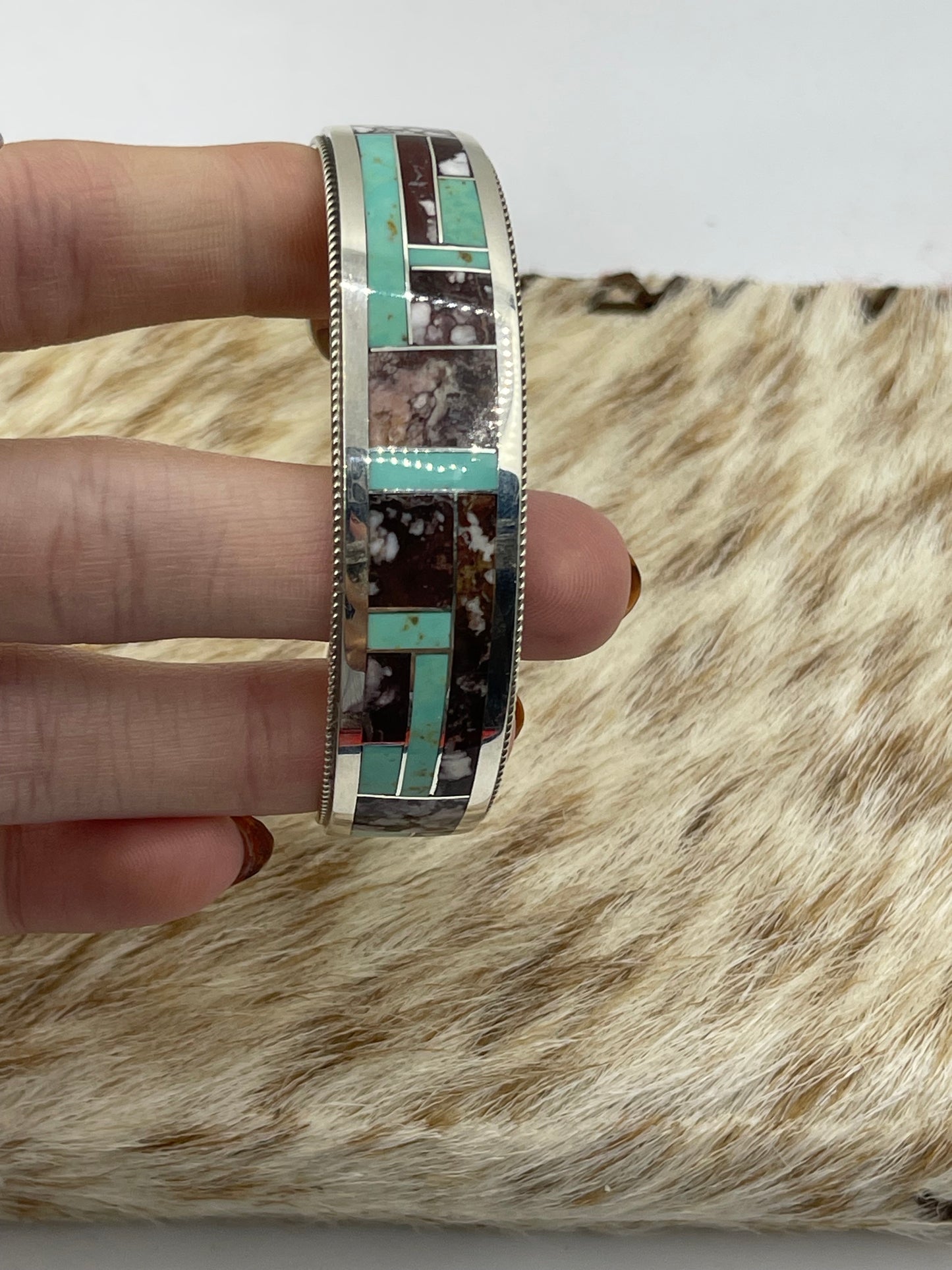 6 1/4" Wild Horse and Turquoise Inlay Cuff by Glendova Booqua, Zuni
