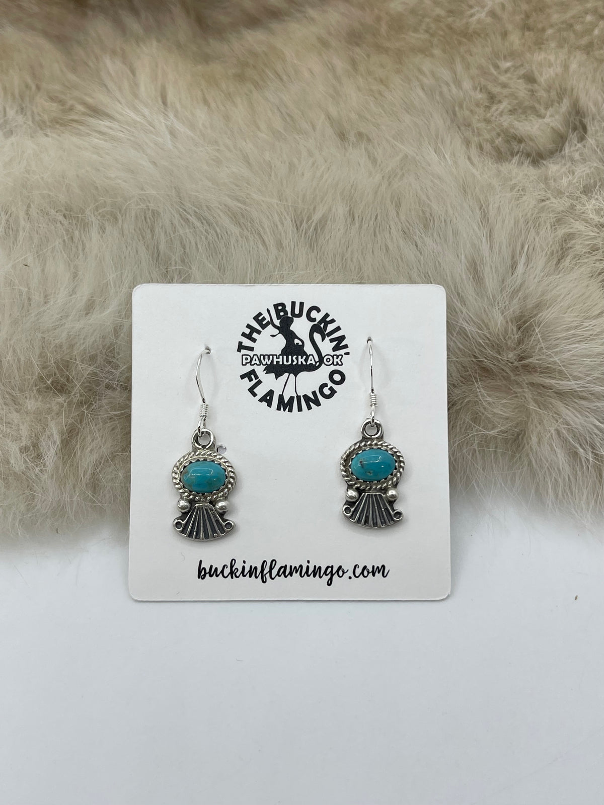 Tiny Turquoise Dangle with Silver Fan Design Earrings by Sharon McCarthy, Navajo