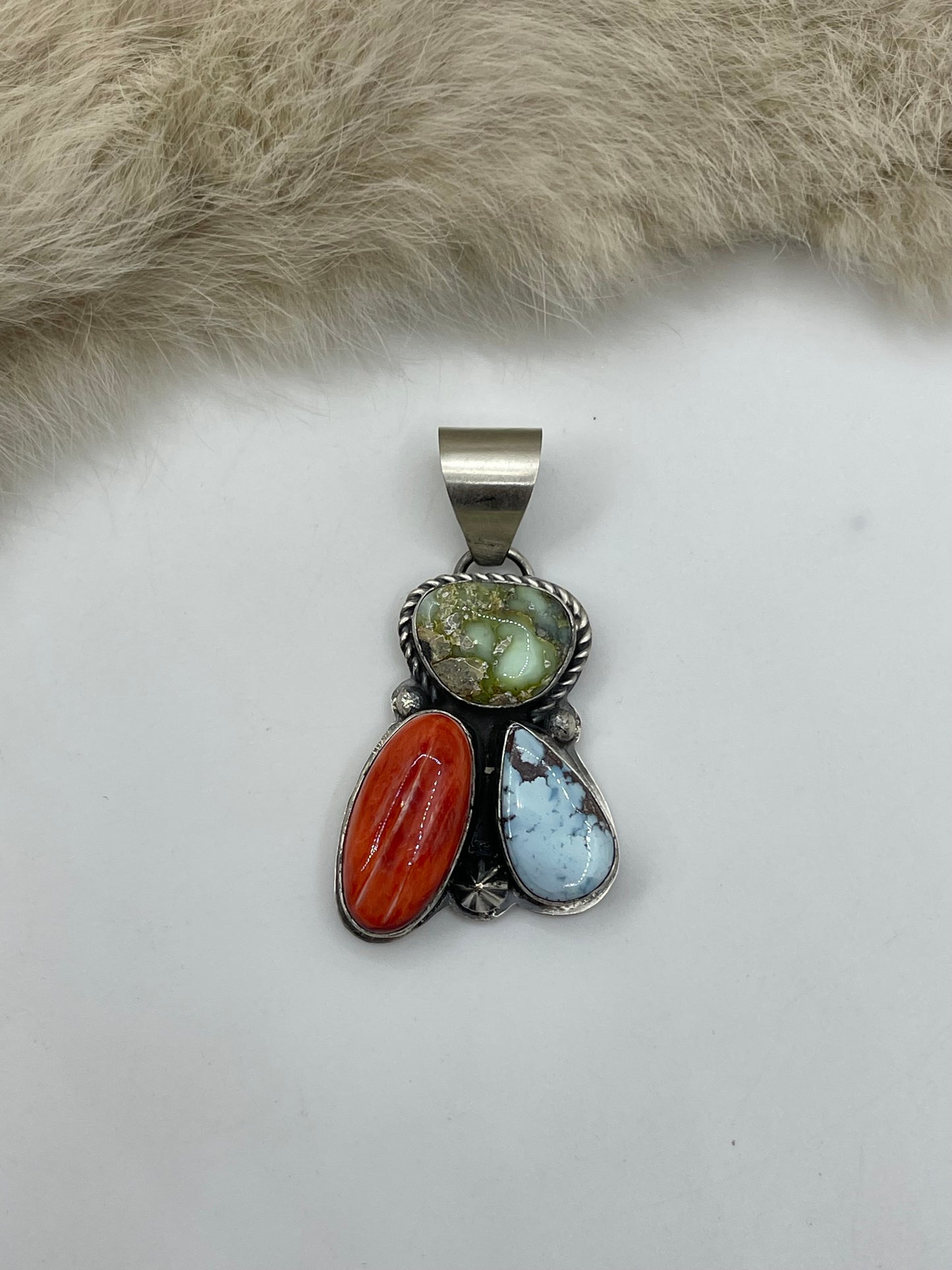 Sonoran Gold, Golden Hills & Spiny Oyster 3 Stone Pendant by Boyd J. Ashley, Navajo