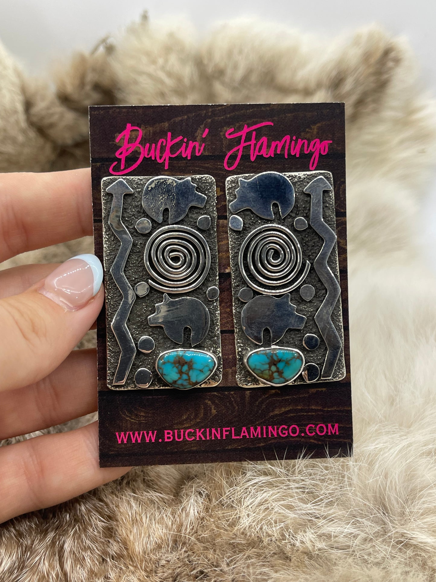 Big Rectangle Petroglyph Earrings with Oval Turquoise by Alex Sanchez, Navajo