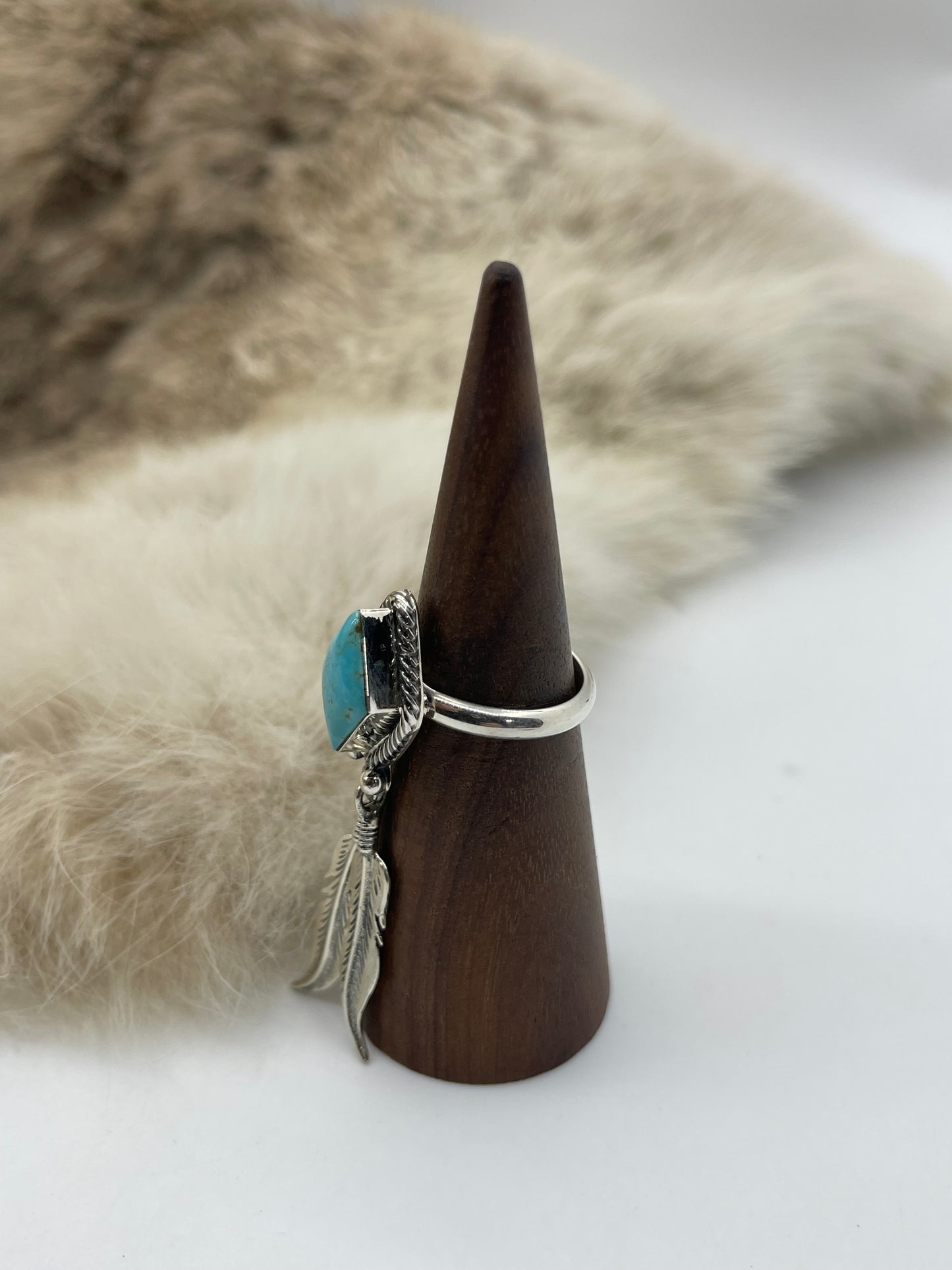 7.0 Turquoise Ring with Feathers by Jerome Lee, Navajo