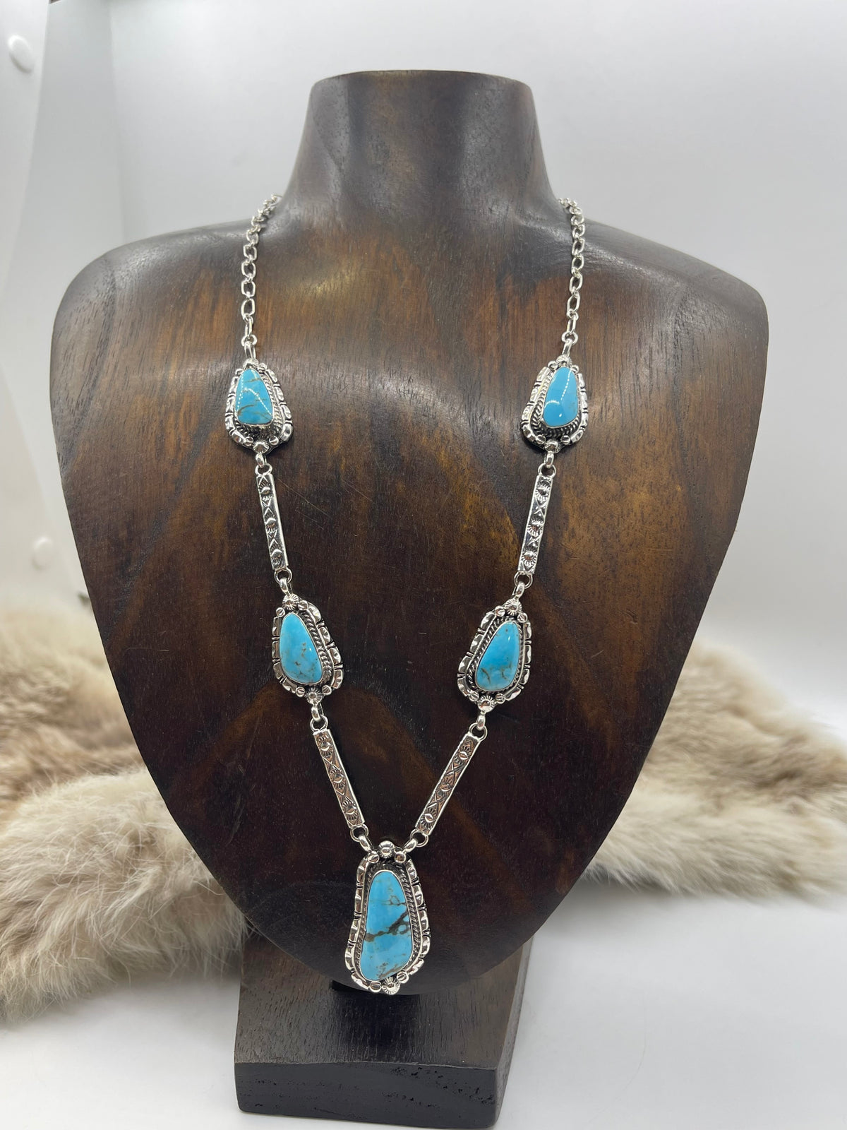 LOT 10 9/6 20" 5 Stone Turquoise Necklace by Sarah Yazzie, Navajo