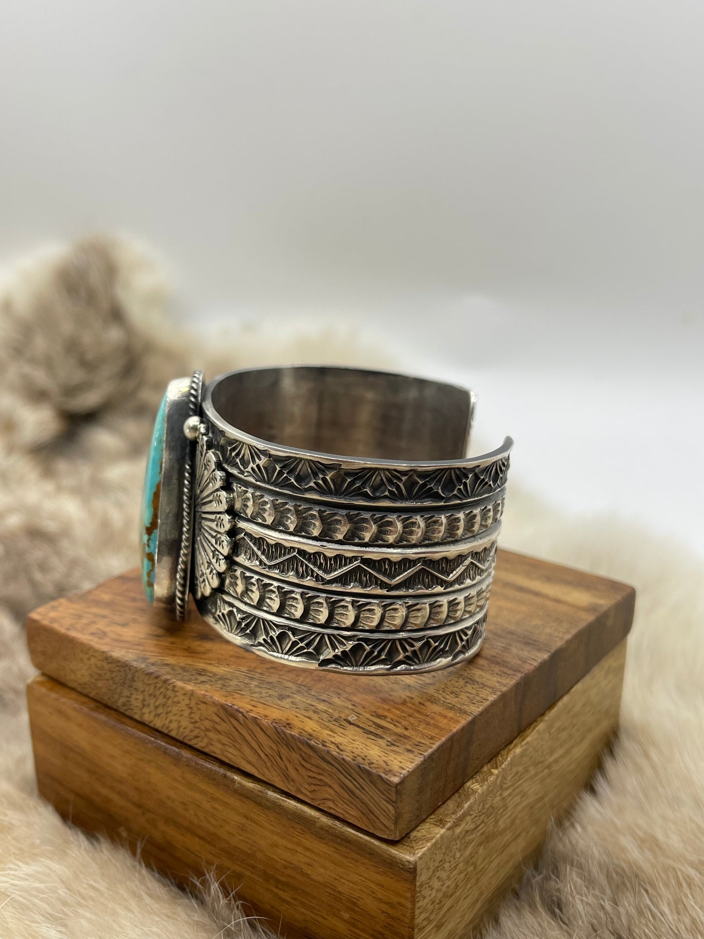 Triangle Stone Kingman Turquoise Stamped Cuff by Sunshine Reeves, Navajo