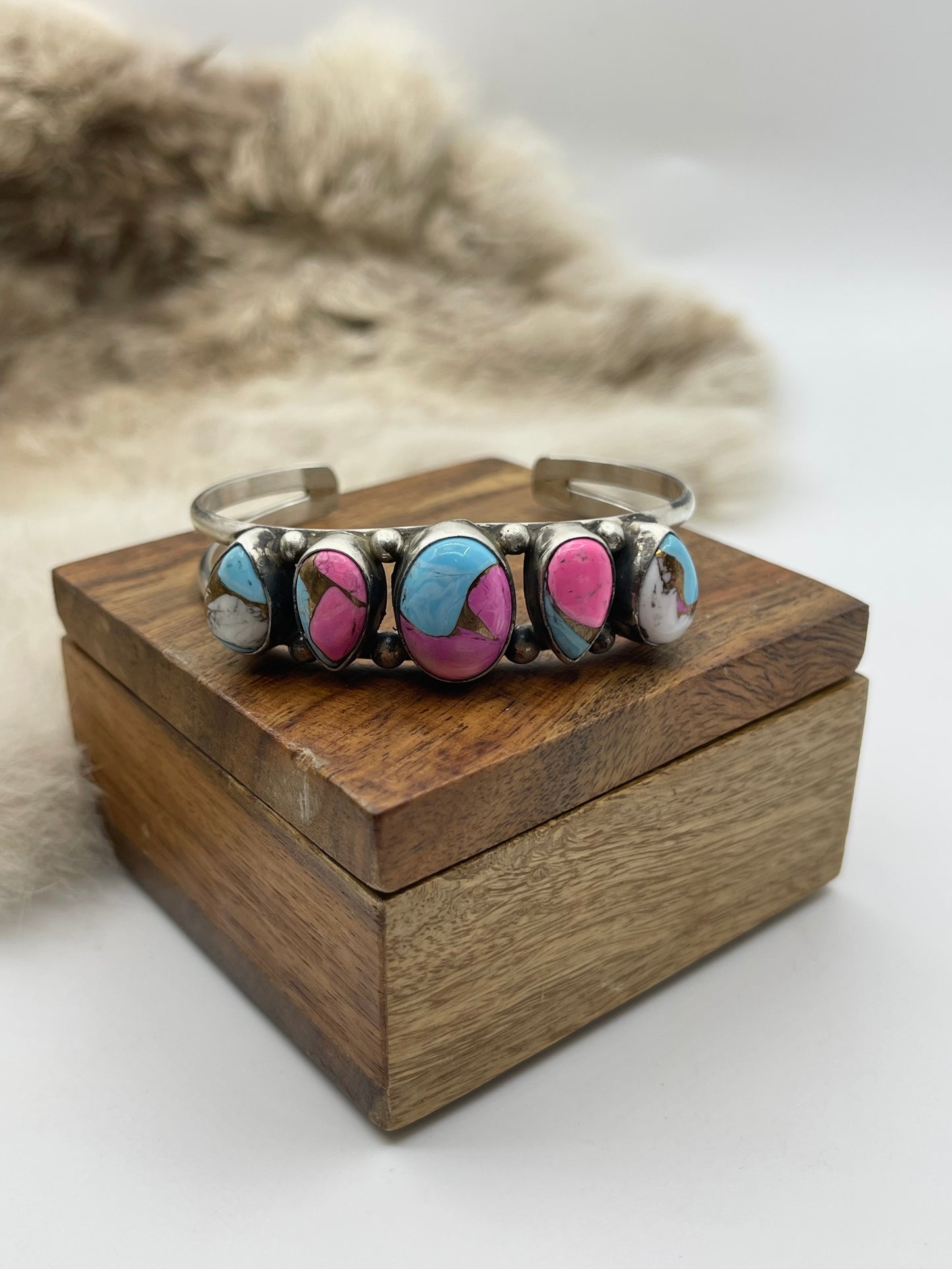 5.5”-7” 5 Stone Cotton Candy Cuff by Augustine Largo, Navajo