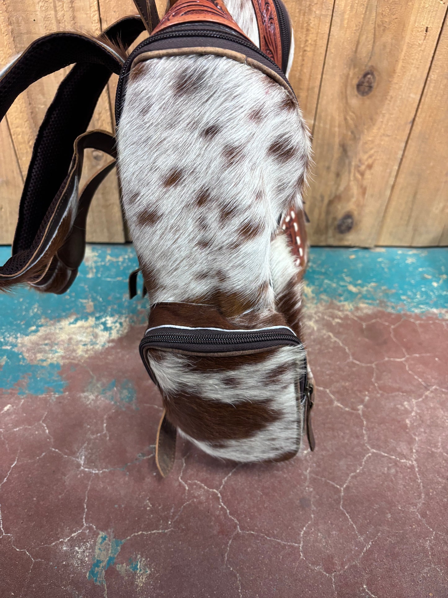 Red and White Cowhide Brown Tooled Leather Backpack