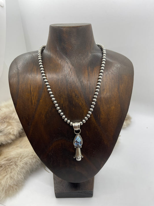 16” 5MM Golden Hills Turquoise Blossom Pendant by Patrick Yellowhair, Navajo