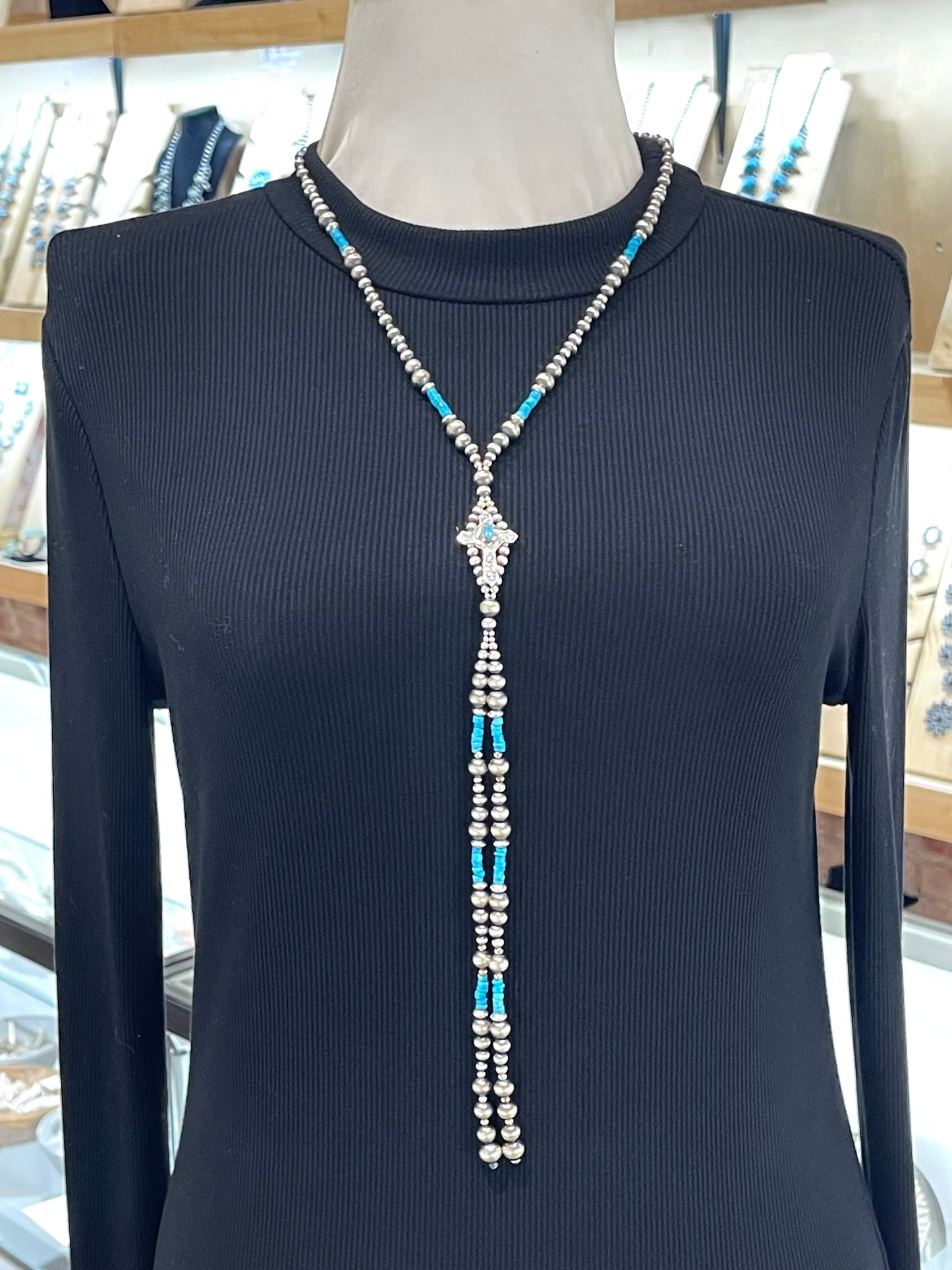 18"+3" Extender Navajo Style Pearls Lariat Necklace By Lucinda Sardo, Navajo