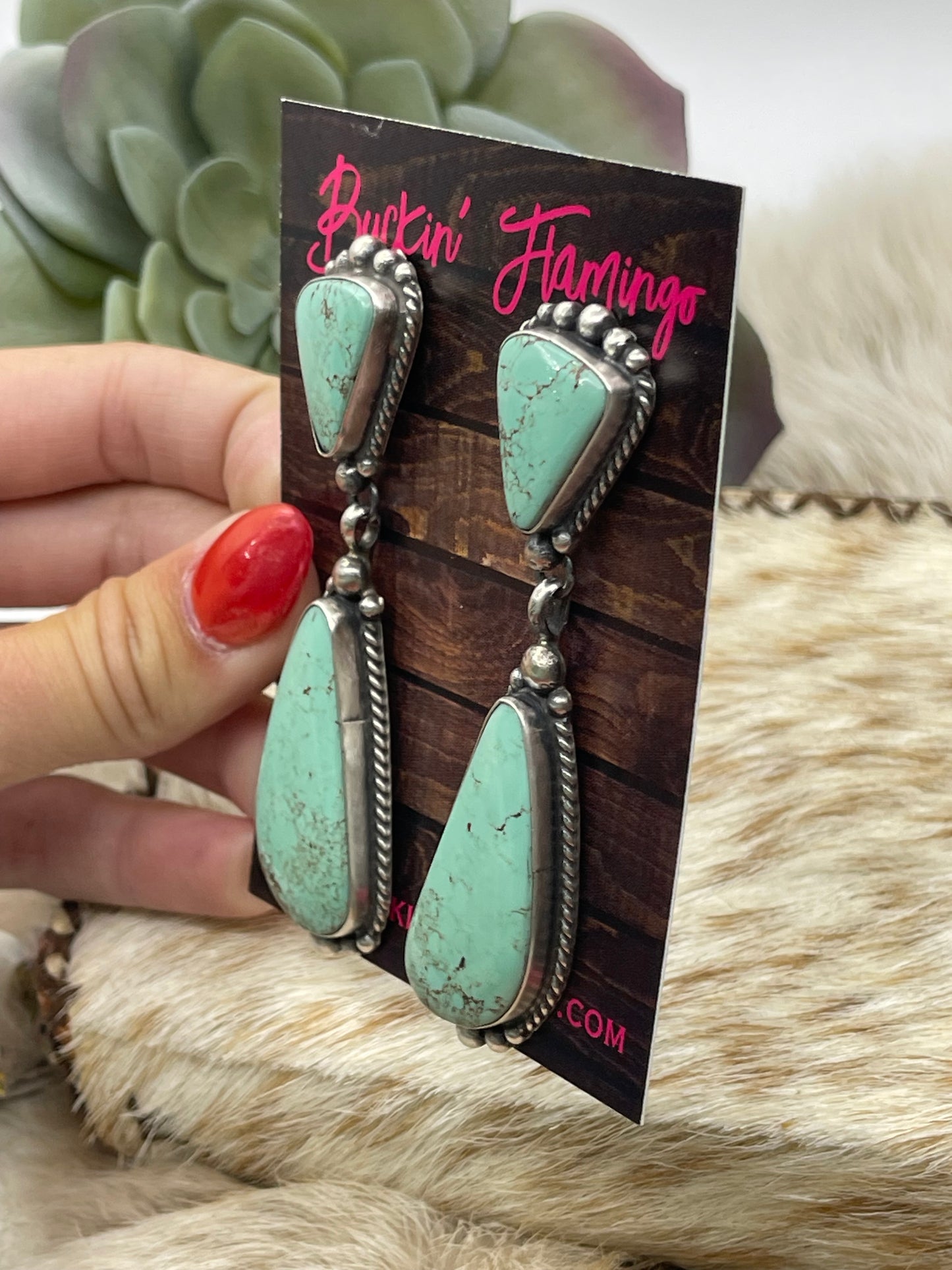 2 Stone Kingman Turquoise Drop Post Dangle Earrings by Elouise Kee, Navajo