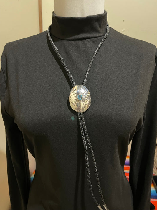 Sterling Silver and Turquoise Stamped Oval Bolo Tie by Jolene Begay, Navajo