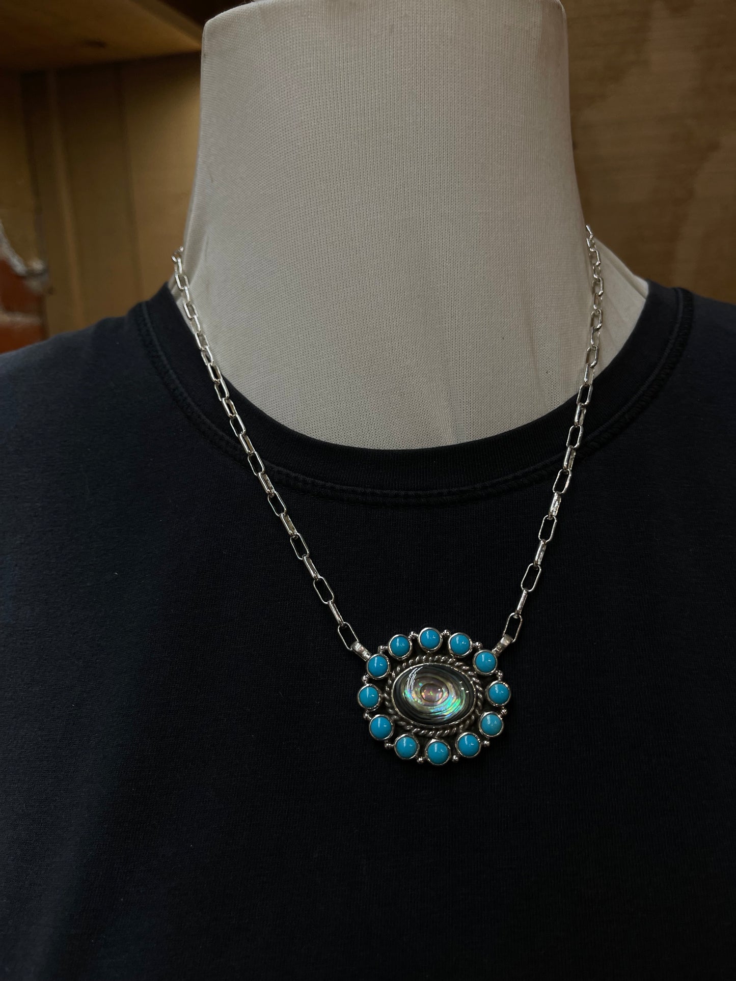 17" Abalone Shell and Sleeping Beauty Turquoise Cluster Necklace