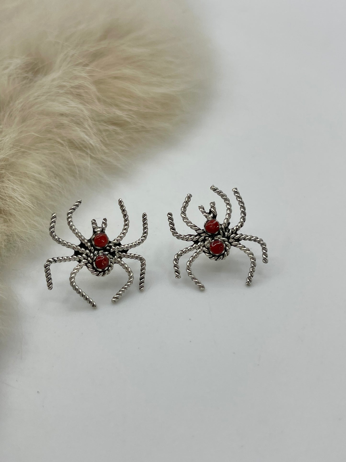 Red Coral Spider Post Earrings by Gilbert Weebothee, Zuni