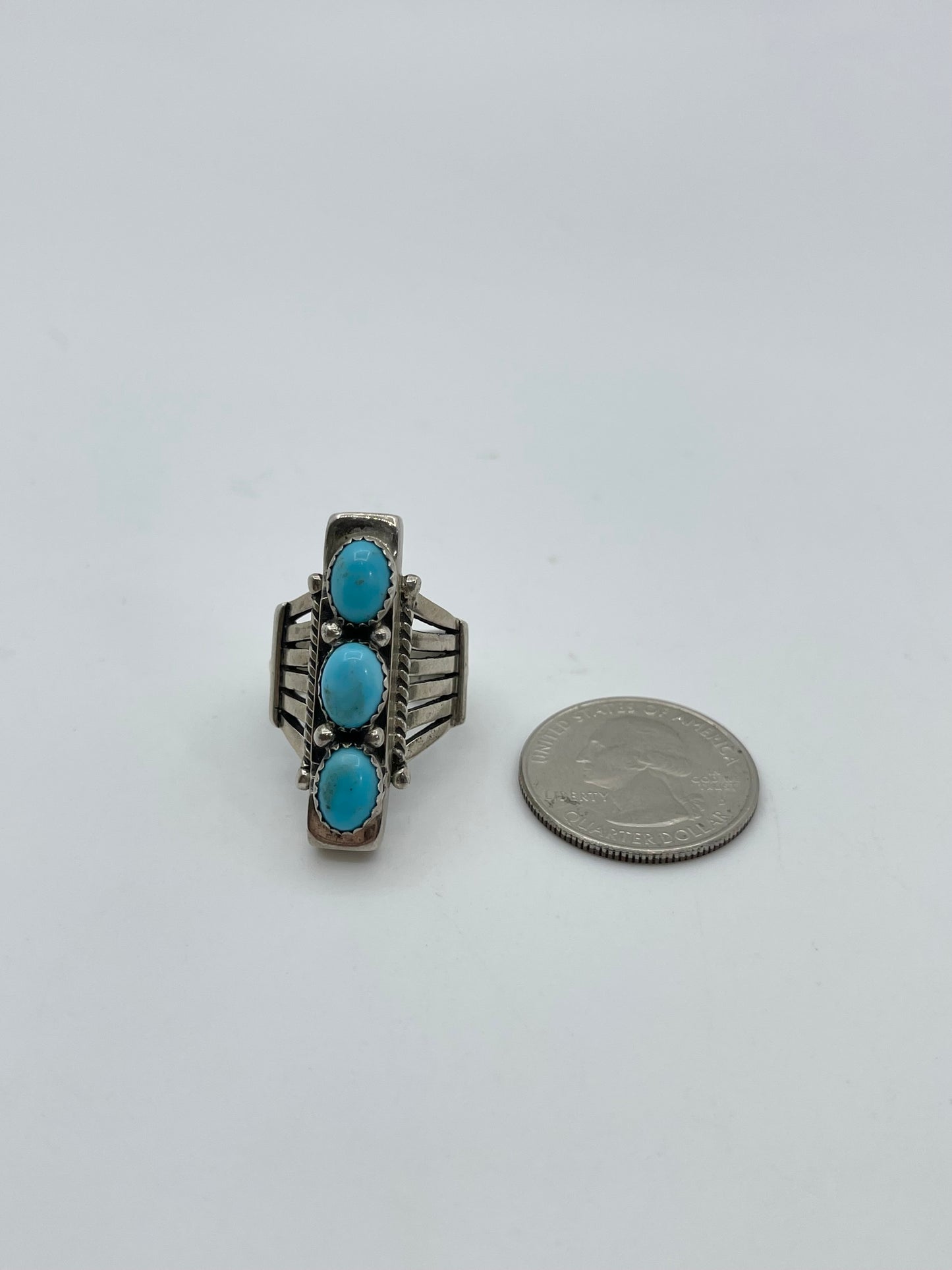 5.5 Sleeping Beauty Turquoise Oval Inlay Ring By Russel Sam Navajo