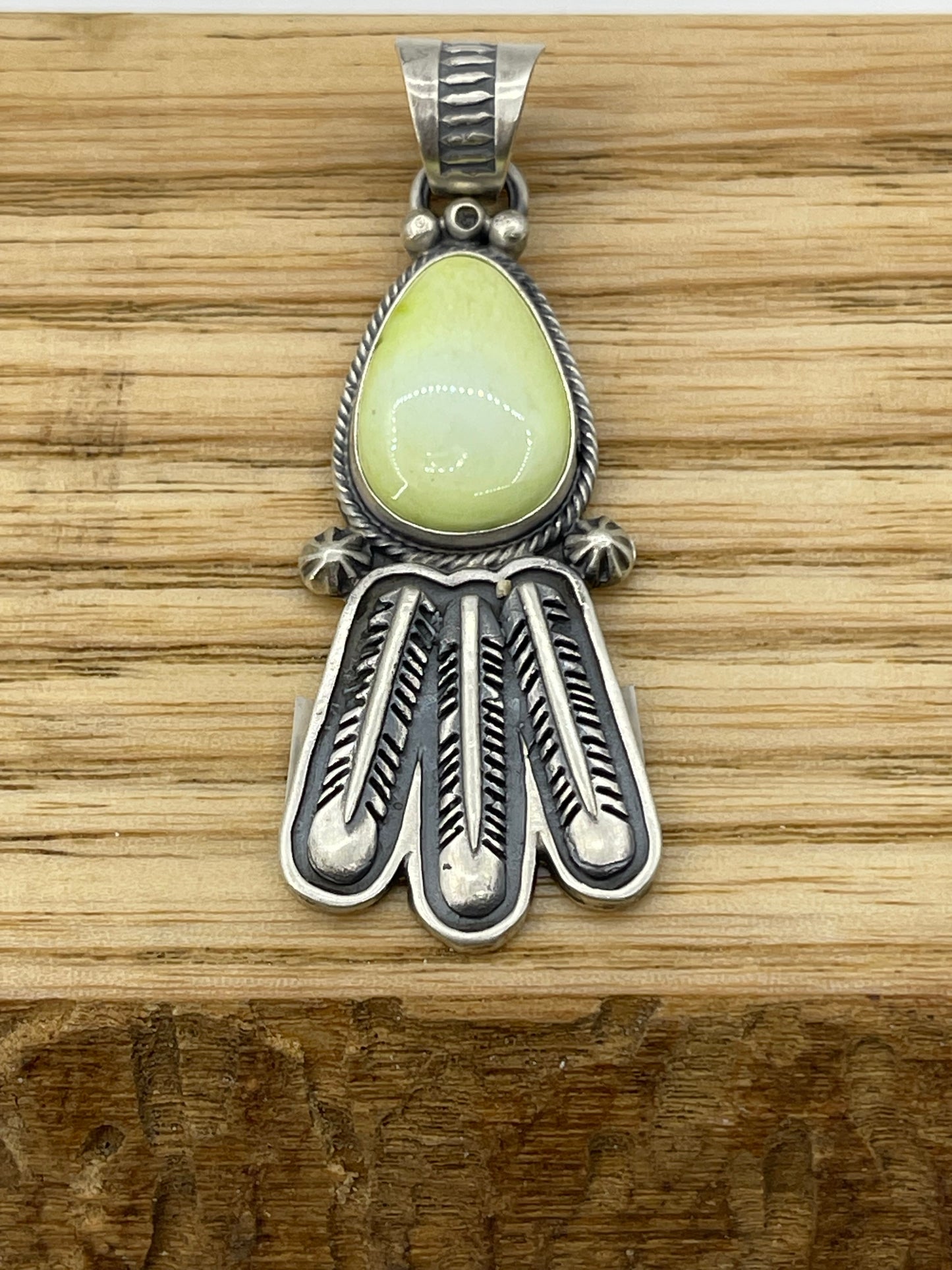 LOT 84 C 11/2 Palomino Turquoise Pendant with Feathers by Marita Benally, Navajo