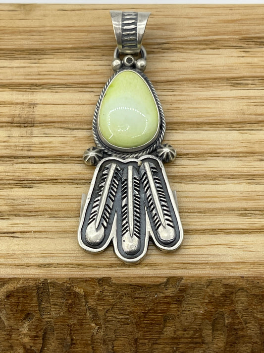 LOT 84 C 11/2 Palomino Turquoise Pendant with Feathers by Marita Benally, Navajo