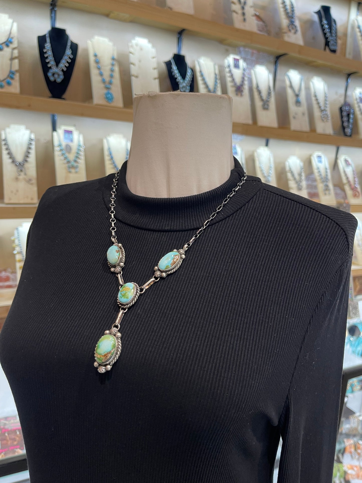 Sonoran Gold Turquoise 4 Stone Lariat 20”+3” Drop & Earring Set by Augustine Largo, Navajo