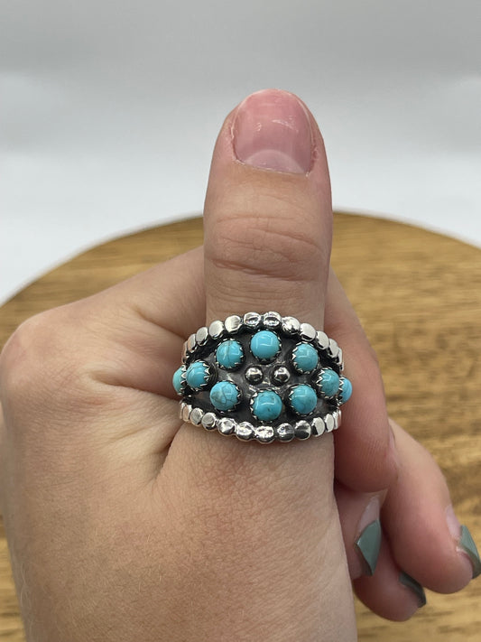 9.5 10 Stone Turquoise Ring by Kenny Lonjose, Navajo