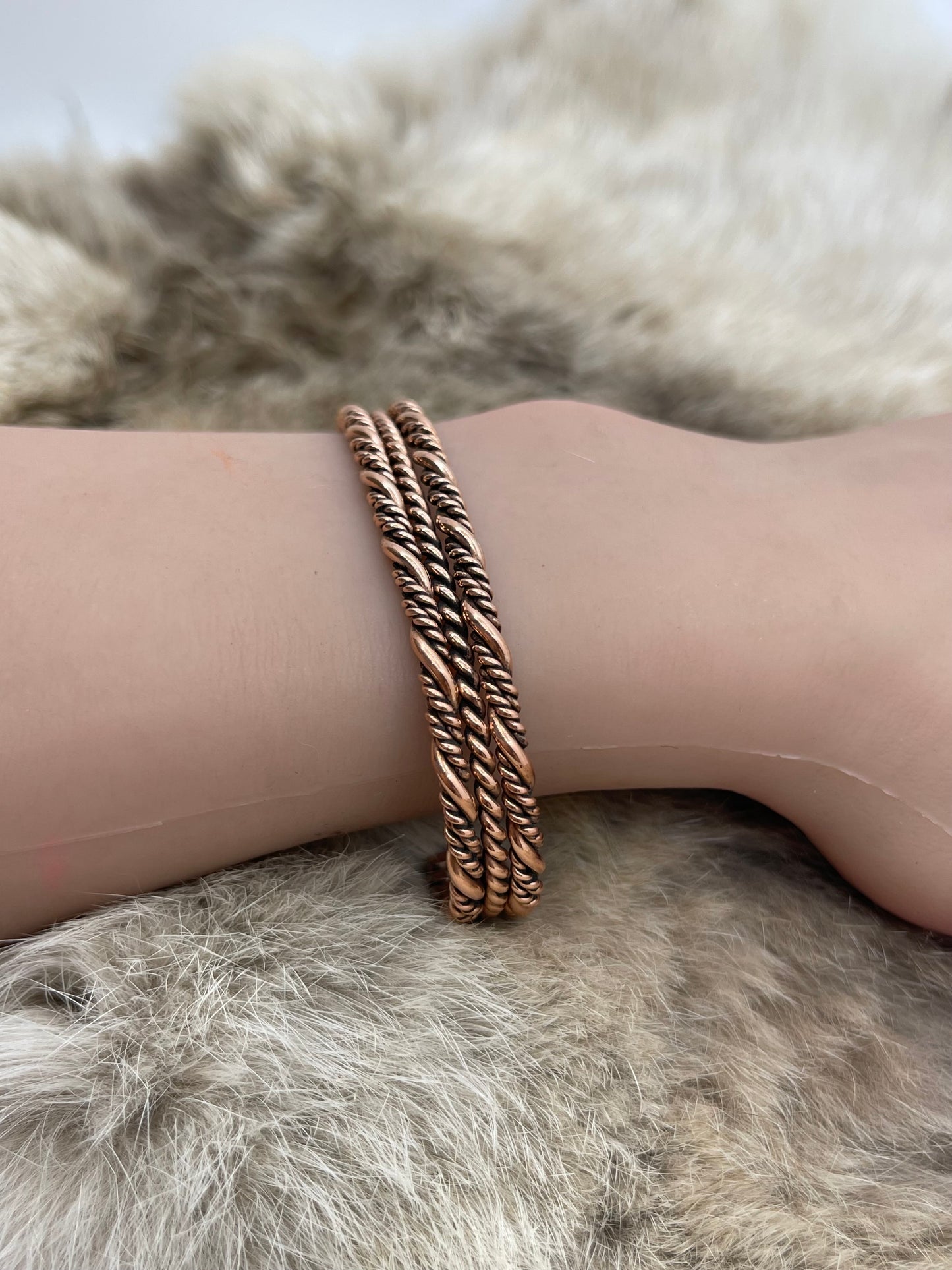 5.25"-6.75" 3 Row Twisted Wire Copper Cuff by Elaine Tahe, Navajo