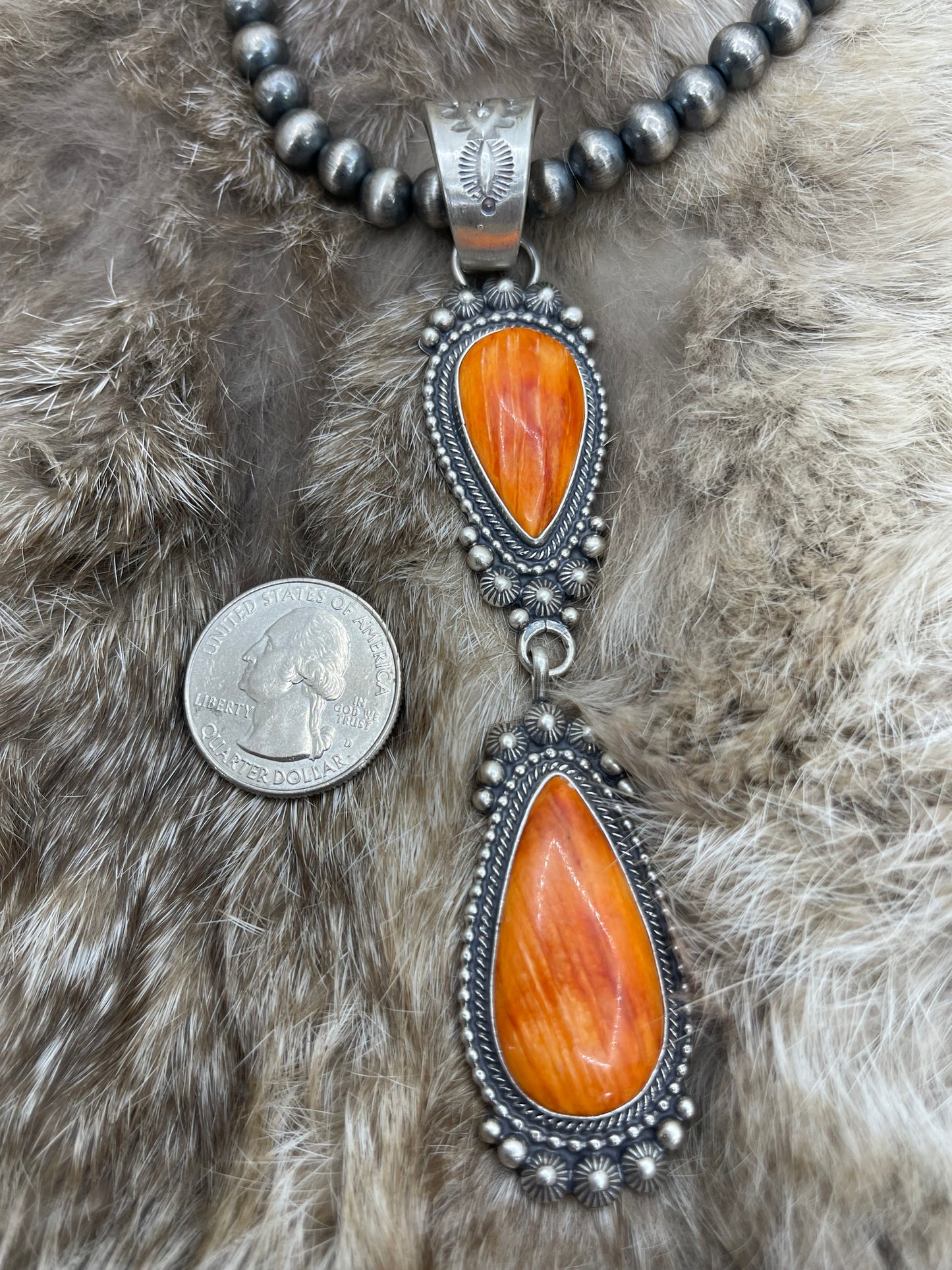 2 Stone Orange Spiny Oyster Pendant on 20" 7mm Navajo Style Pearls by Tom Lewis, Navajo